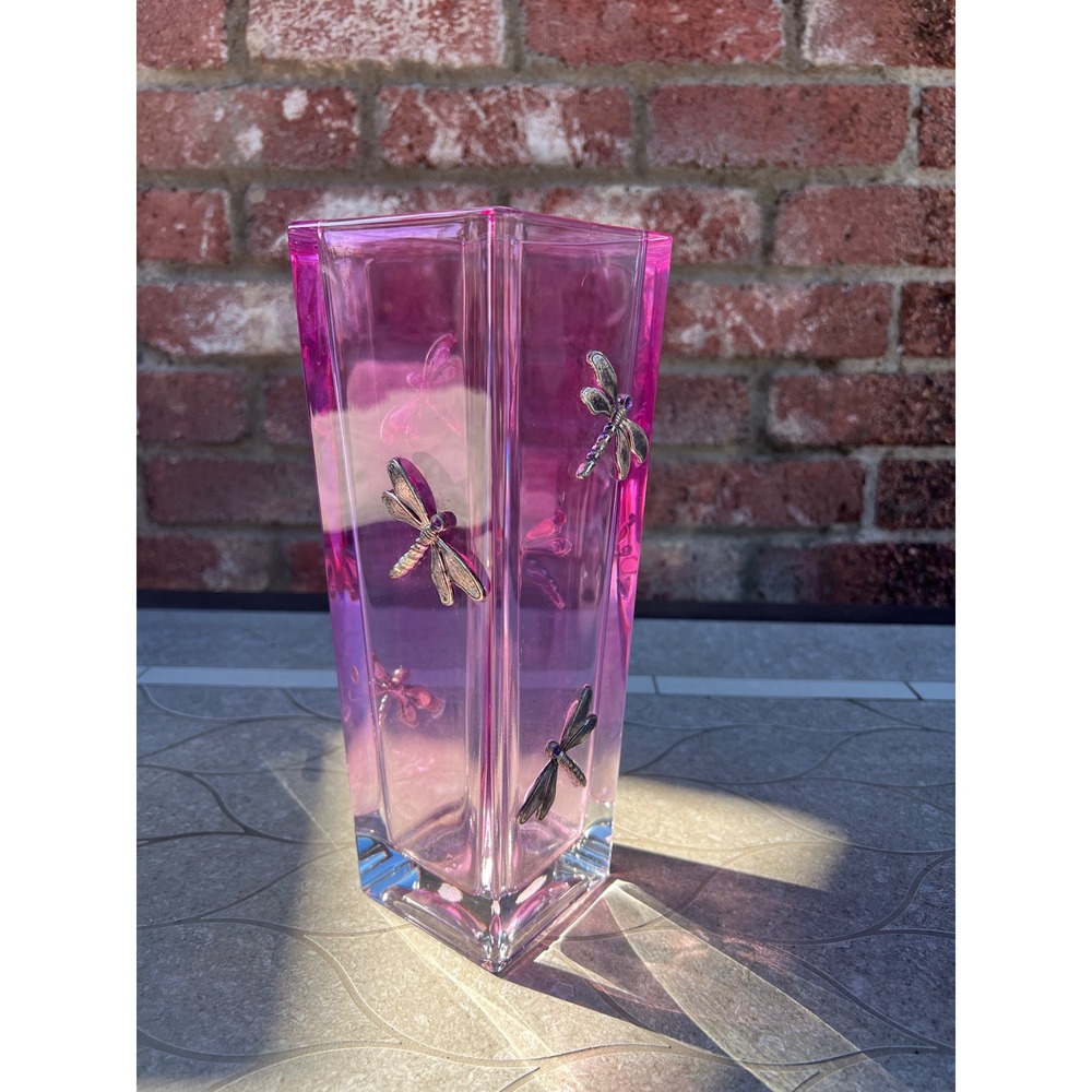 Teleflora Pink 24% Lead Crystal Dragonfly Vase Silver Accents Czech 10 inch
